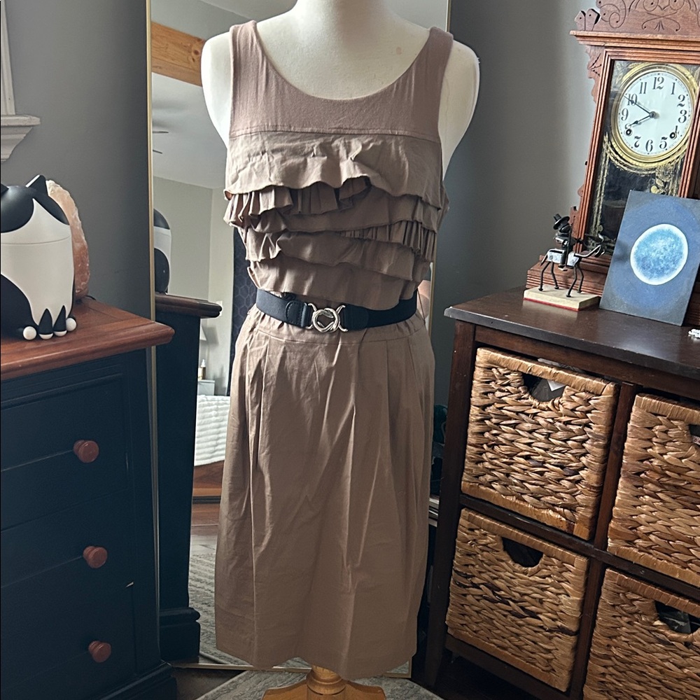 BCBG Max Azria Taupe Ruffle Front Belted Dress Size 12